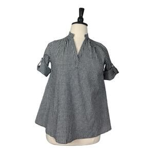 Pullover Top Black White Gingham V-neck Casual Roll Tab Sleeves Women’s Size XXL